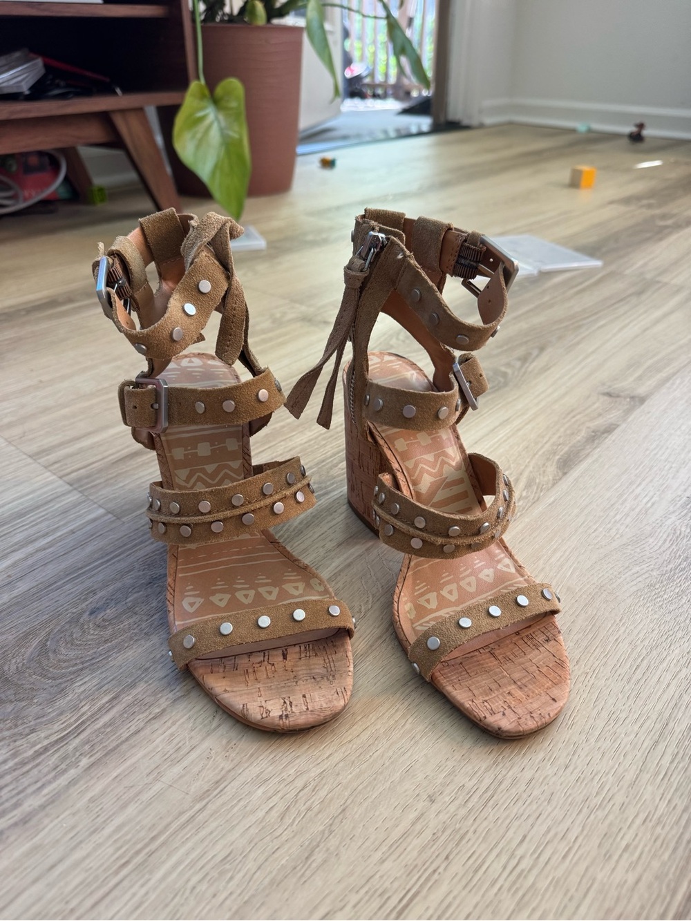 Dolce Vita Tan Suede Studded Cork Wedge Sandals